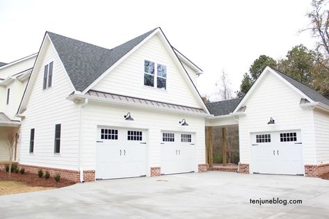 Attached Carriage House Garage, Extra Garage Addition, Farmhouse With Detached Garage Breezeway, Adding Detached Garage To House, White Garage Exterior, Adding A Third Car Garage, Breezeway Attached To Garage, Adding An Attached Garage To House, Detached Garage Connected To House