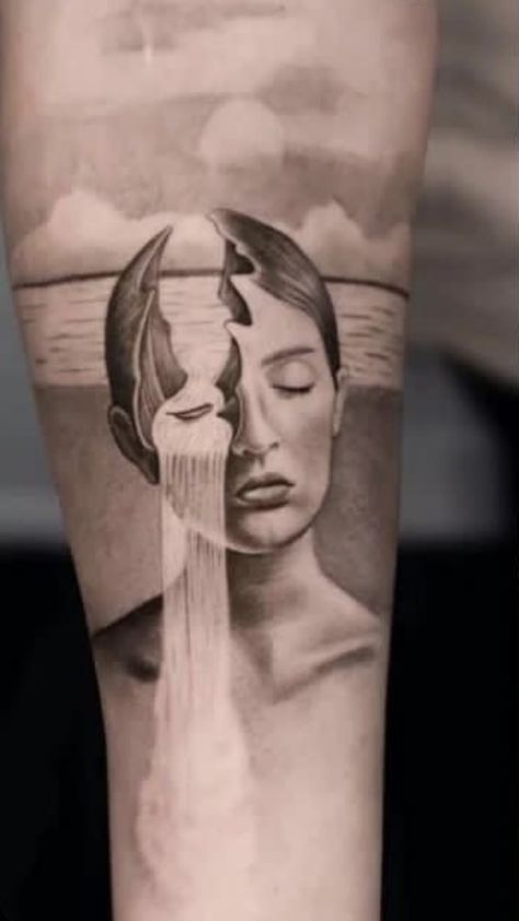 Black And Grey Surrealism Tattoo, Fountain Tattoo, Budist Tattoo, Surrealist Tattoo, Woman Portrait Tattoo, Surrealistic Tattoo, Surrealism Tattoo Design, Surrealism Tattoos, Surrealism Tattoo