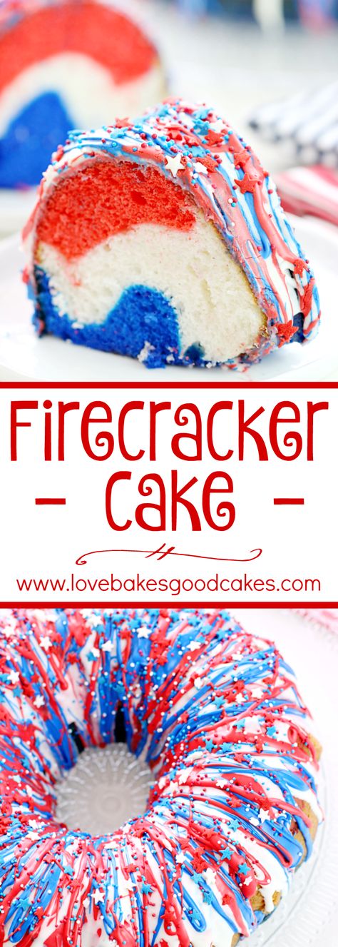 Show your patriotism with this Firecracker Cake! The red, white, and blue runs inside and out!! Great for Memorial Day, the 4th of July or any occasion you want to share a little American pride! Hello Cake Recipe, Firecracker Cake, Red White And Blue Cake, Pepsi Logo, July Desserts, Coconut Dessert, Patriotic Food, Patriotic Desserts, Cake Show