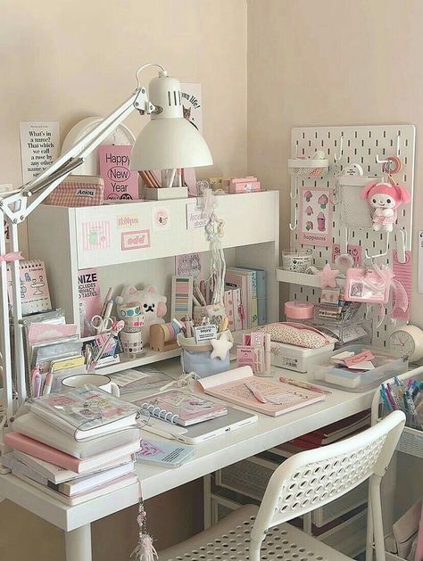 Sanrio Room, Study Desk Decor, Cute Room, Desk Goals, Desk Inspiration, Cute Bedroom Ideas, Pastel Room, Room Redesign, Pinterest Room Decor