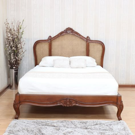 This Normandy French Rattan Bed features a natural coloured rattan headboard, intricate carved detail and a low footboard Size: Double (4'6) Mahogany Bed Frame, King Bed Frame Ideas, French Antique Bedroom, Triangle Building, Rattan Bed Frame, Mahogany Bed, Vintage Bed Frame, Victorian Room, Victorian Bed