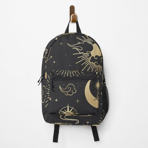 Painting On Backpack, Moon Painting, Sun Moon Stars, Moon Stars, Accessory Pouch, Sun Moon, Stars And Moon, Black Background, A Black