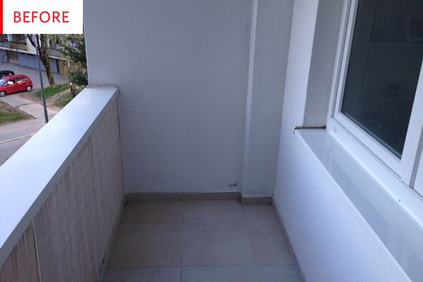 Small Balcony Ideas - Budget Before After | Apartment Therapy Concrete Balcony, Concrete Balcony Ideas, Hdb Em Balcony, Balcony Before And After, Cat Proofing Balcony, Cat Proof Balcony Rental, Dog Friendly Balcony Apartment, Indian Balcony Decor Ideas, Apartment Storage Solutions