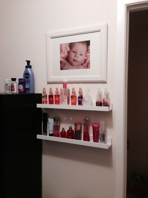 IKEA RIBBA shelf - Perfume organization Perfume Organization Shelf On Wall, Perfume Organization On Wall, Perfume Shelf Ideas Wall Shelves, Wall Perfume Organizer, Perfume Organization Shelf, Perfume Shelf, Floating Shelves Bedroom, Perfume Storage, Perfume Organization