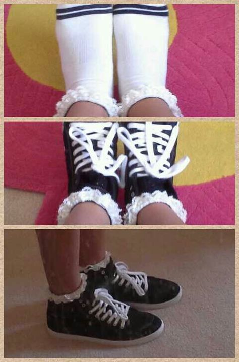 Love these lace frilly socks, so easy to make them yourself and add a little girliness to sneakers, especially converse! Tops With Lace, How To Lace Converse, Frilly Socks, Low Top Converse, Lace Socks, Converse High, Converse High Tops, Low Top, High Tops