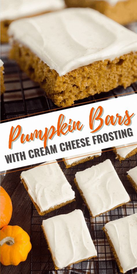 Fall Dessert Recipes Pumpkin, Pumpkin Cream Cheese Bars, Pumpkin Bars With Cream Cheese, Bars With Cream Cheese Frosting, Bars With Cream Cheese, Cream Cheese Bars, Fall Baking Recipes, Thanksgiving Cooking, Pumpkin Bars