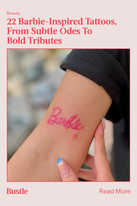 This Barbie is inked. Barbie Head Tattoo, This Barbie Is, Barbie Movie Tattoo, Pink Heart Tattoo, Barbie Tattoo Ideas, Barbie Inspiration, Barbie Tattoo, Pink Tattoo, Movie Tattoo