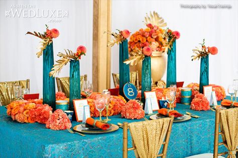 Orange Event Decor, Teal Table Decorations, Teal Orange Weddings, Cajun Kitchen, Egyptian Party, Teal Vase, Teal Table, Egyptian Wedding, Deco Orange