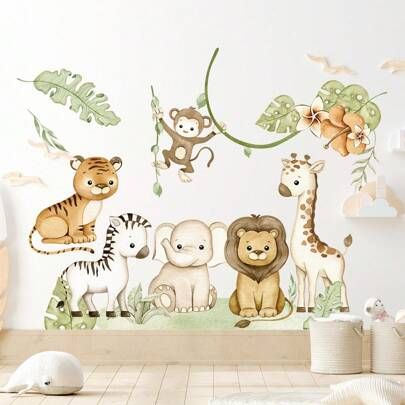 Safari Mural, Jungle Bedroom Theme, Safari Animal Wall Decals, Birds Stickers, Jungle Wall Stickers, Baby Bedroom Ideas, Baby Room Boy, Geometric Decals, Jungle Bedroom