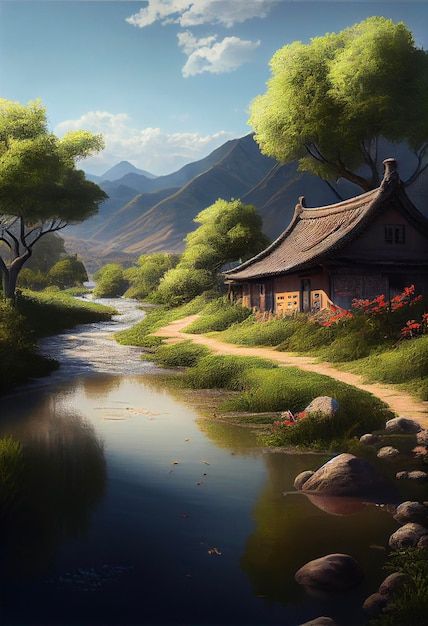 Painting of a house on the side of a riv... | Premium Photo #Freepik #photo #mountain-river #lake #nature-landscape #river River Side House, House Near River, Outdoor Wall Paint, Painting Of A House, Scenery Ideas, River Side, River Painting, Two Rivers, Mountain River