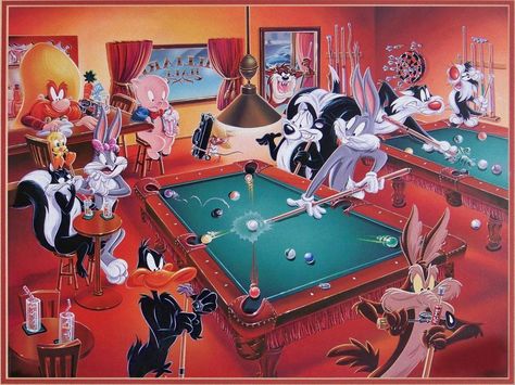 Bugs Bunny and Friends  Warners Bros. Billiard Hall Billards Art, Pool Pic, Looney Tunes Wallpaper, Warner Bros Cartoons, Playing Pool, Pool Art, Looney Tunes Characters, Looney Tunes Cartoons, Play Pool