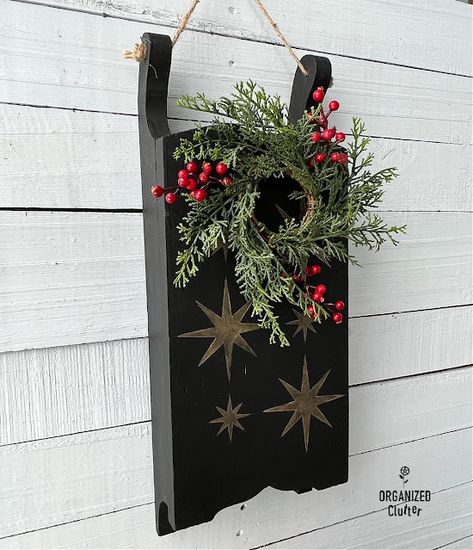 Mini Sled Decorating Ideas, Sled Decorating Ideas, Wooden Sleds Christmas Decor, Wooden Sled Decor, Wooden Sled Decor Diy, Small Wood Sled Decor, Wooden Sled Ornaments, Rustoleum Metallic, Star Tile