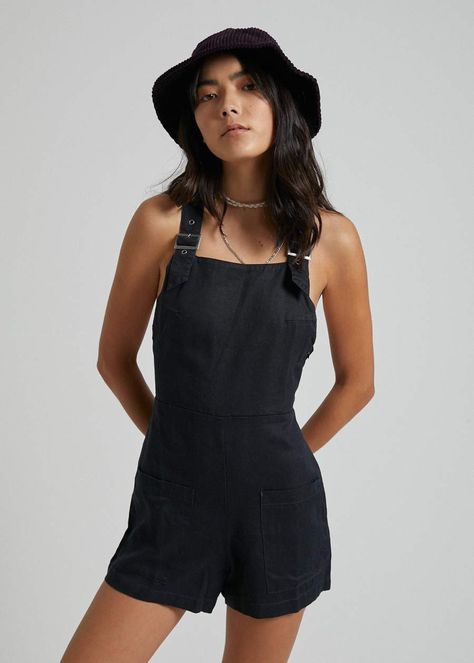 Afends Womens Nirvana - Hemp Playsuit - Black - Afends US. Ziggy Shortalls, Ziggy Overalls, Black Dungaree, Denim Romper Shorts, Ragged Jeans, Grunge Jeans, Dungarees Shorts, Denim Overalls Shorts, Short Overalls