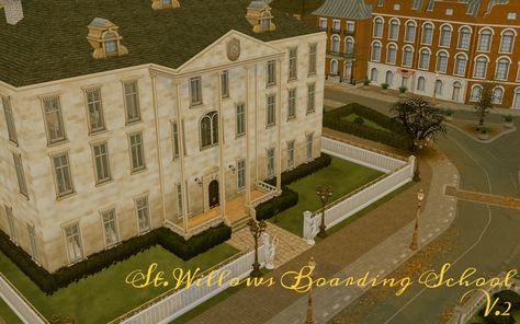 Southern Simlish — St. Willows Boarding School (V2) Home to the... Sims 4 Private School, Sims 4 Boarding School, Bloxburg Boarding School, Sims Victorian, Sims 4 School, Bloxburg School, Mansion Plans, Private High School, Victorian Mansion