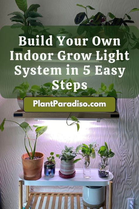 Build Your Own Indoor Grow Light System in 5 Easy Steps Diy Plant Grow Light, Diy Indoor Plant Shelf With Grow Lights, Diy Plant Stand With Grow Light, Grow Light Set Up, Indoor Grow Light Ideas, Grow Light Ideas, Indoor Grow Lights, Best Grow Lights, Indoor Grow