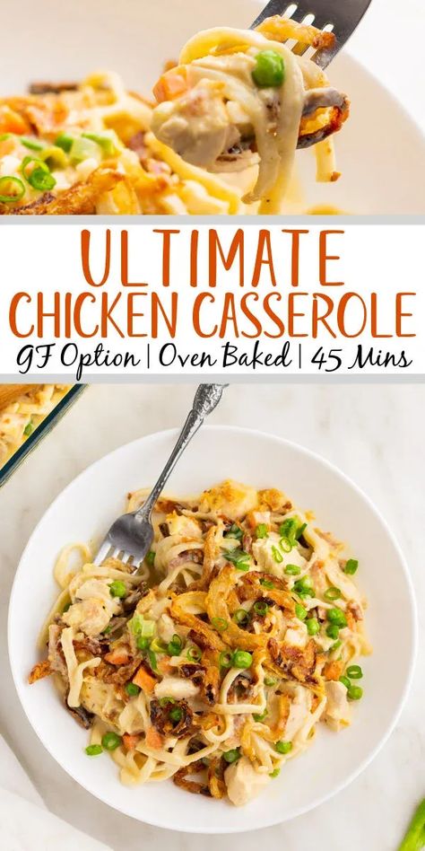 The ultimate chicken casserole says it all in the name. This hearty meal can be made gluten free and has a cook time of only 35 minutes. It's a simple casserole that is easy to customize to suit your taste and is perfect for both a weeknight dinner and meal prep. #casserole #chickencasserole #easydinnerrecipes #30minutemeals #glutenfreerecipes #chickendinner Gluten Free Chicken Casserole Recipes, Meal Prep Casserole, Gluten Free Chicken Casserole, Ultimate Chicken Casserole, Healthy Grains Recipes, Chicken Breast Casserole, Chicken Casserole Recipes, Healthy Chicken Casserole, Chicken Pasta Casserole