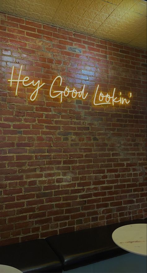 Brick Aesthetic, Brick Wall Bar, Neon Sign On Brick Wall, Restaurant Neon Sign, Neon Quotes For Cafe, Brick Wall Interior Design, Brick Wall Neon Sign, Neon Signs For Coffee Shop, Neon Light Coffee Shop