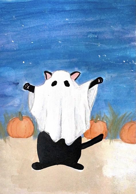 Cartoon Halloween Painting Ideas, Black Cat Wallpaper Halloween, Halloween Cat Painting Easy, Spooky Aesthetic Painting, Autumn Aesthetic Painting Easy, Cute Witch Painting, Spooky Canvas Art, Cat In Ghost Costume Drawing, Black Cat Ghost Tattoo