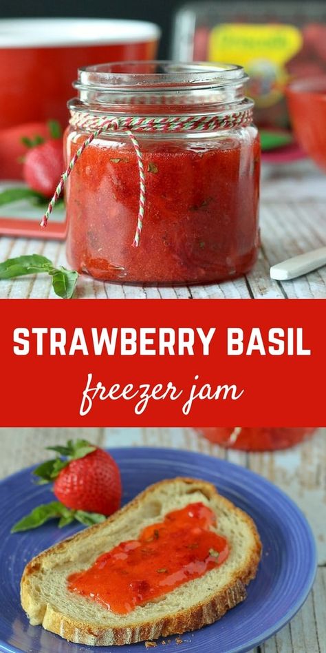 Strawberry Basil Jam, Strawberry Freezer Jam Recipe, Rhubarb Freezer Jam, Easy Strawberry Jam, Bread Spread, Strawberry Freezer Jam, Canning Equipment, Freezer Jam Recipes, Strawberry Rhubarb Jam