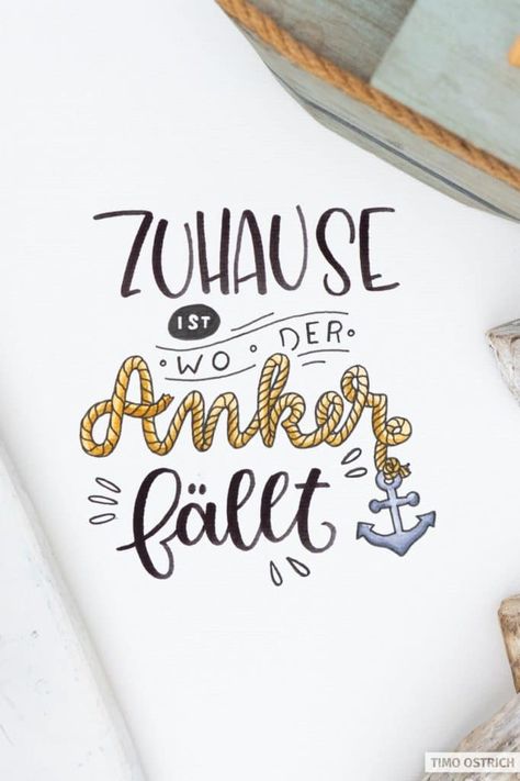 Der passende Spruch für jedes (schöne) Zuhause! Dort wo man sich wohl fühlt, lässt man den Anker ab. Gleichzeitig ist der Anker ein Symbol für eine feste Verbindung zu einem Ort. #handlettering #brushlettering #lettering #anker #zuhause #stayhome Handlettering Quotes Inspiration, Bug Out Bag Checklist, Handlettering Quotes, Man Den, Brush Lettering, Hand Lettering, Bullet Journal, Typography, Novelty Sign