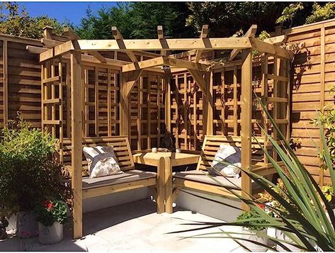 UK HAND MADE HEAVY DUTY PRESSURE TREATED SMOOTH REDWOOD TIMBER Pergola With Trellis, Arbour Garden, Corner Arbour, Pergola Trellis, Garden Arbour, Arbour Seat, Garden Ideas Uk, Corner Pergola, Pagoda Garden