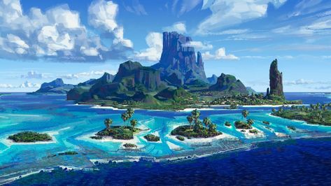 Download Disney's complete Motunui island scene from Moana movie and more Moana Concept Art, Concept Art Landscape, Moana Disney, Island Wallpaper, Art Steampunk, Concept Art World, Anime Illustration, Summer Illustration, Walt Disney Animation Studios