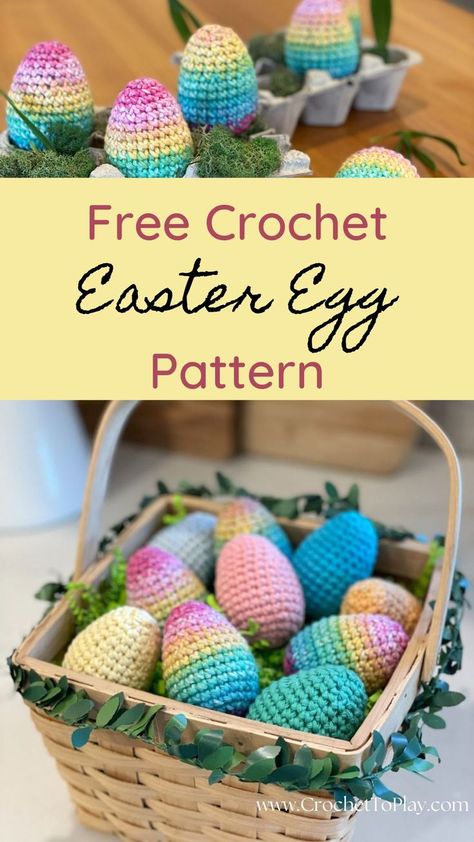 Use this simple pattern to crochet your own colorful Easter eggs. You'll love the bright result! Crochet Easter Egg Pattern, Crochet Spring Patterns, Crochet Easter Eggs, Easter Crochet Patterns Free, Egg Pattern, Easter Egg Pattern, Crochet Christmas Gifts, Crochet Easter, Easter Crochet Patterns