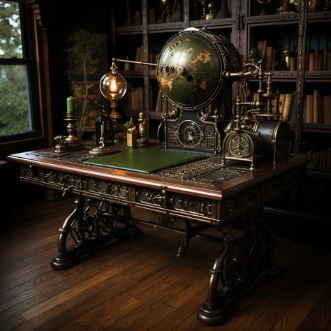 Warhammer Room, Victorian Futurism, Fantasy Machine, Steampunk Interior Design, Steampunk Office, Tavern Decor, Dark Academia Interior, Steampunk Interior, Steampunk Desk