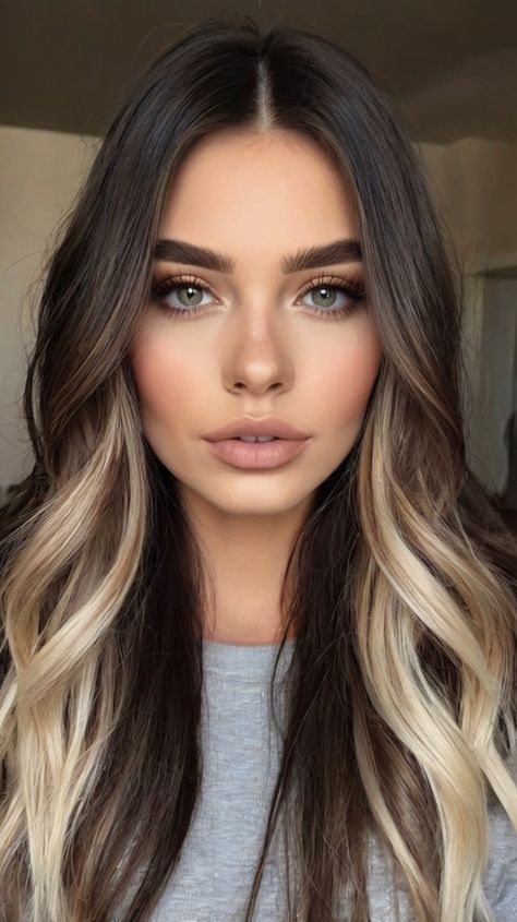 Dark Brown Hair with Blonde Ideas Cute Blonde And Brown Hair, Dark Hair Blonde Halo, Dark Brown Hair With Blonde Tips, Dark Brown Hair With Face Framing Blonde, Hairstyles Dark Brown Hair, Dark And Blonde Hair, Brown Hair With Blonde Tips, Blonde Highlights Underneath, Dark Brown With Blonde