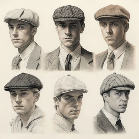 1930 Fashion Mens, Newsboy Cap Drawing, Type Of Gloves, 1920s Male Fashion, 1920s Headwear, 20s Hats, 1920 Mens Fashion, 1940s Mens Hat, 19th Century Hats Men