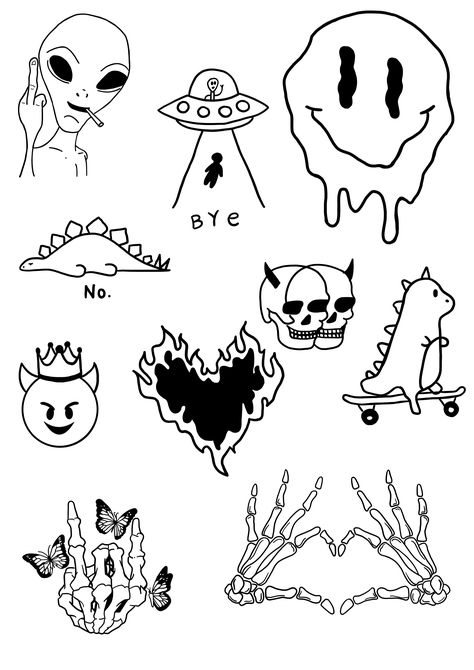 Small Punk Tattoos Simple, Cartoon Outline Tattoo, Alternative Tattoos Grunge Simple, Tattoos With White Background, Easy Linework Tattoo, Goth Patchwork Tattoo Ideas, Simple Spooky Tattoos, Small Tattoos Easy, Cute Skull Tattoos