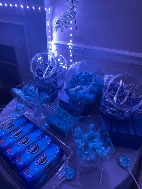 All Blue Birthday Party, Blue And Silver Sweet 16 Decorations, Sweet 16 Party Decorations Ideas Blue, Black And Blue Themed Birthday Party, Blue Disco Theme Party, Dark Blue And Silver Birthday Theme, 13 Shades Of Blue Party, Dark Blue Decorations Party, Blue Slumber Party