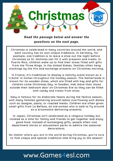 Holiday Reading Comprehension, Christmas Reading Comprehension, Free Reading Comprehension Worksheets, Teach English To Kids, Christmas Reading, Comprehension Passage, Comprehension Worksheets, English Reading, Reading Worksheets