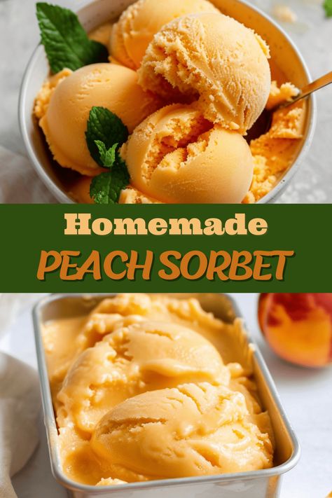 Hot Peaches Recipe, Peach Desserts Easy 3 Ingredients, No Churn Sorbet, White Peach Recipes, Homemade Sorbet Recipe, Peach Sherbet Recipe, Summer Baked Goods, Peach Sherbert, Sorbet Float