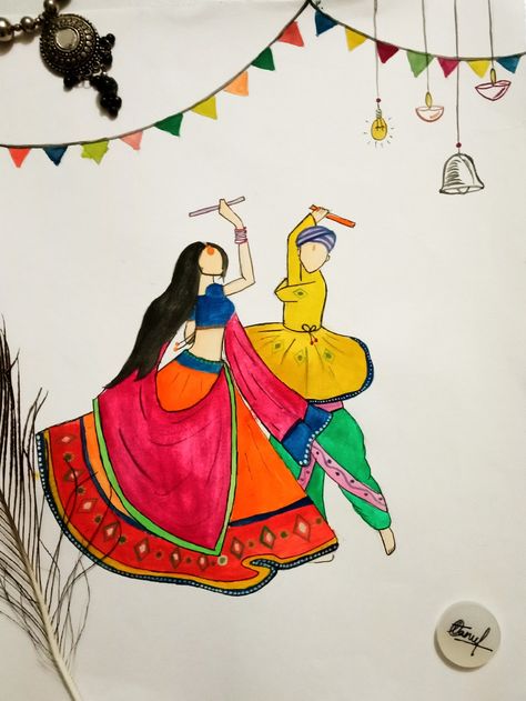 Happy navratri ✨ Navratri Sketch Drawing, Navratri Painting Ideas Easy, Navratri Art Painting, Navratri Chart For School, Navratri Drawing Easy, Navratri Bulletin Board Ideas, Drawing For Navratri, Navratri Drawing Ideas Easy, Navratri Festival Drawing