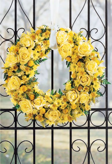 Yellow Wreaths, Yellow Weddings, Artificial Bridal Bouquets, Roses Wreath, Yellow Christmas, Yellow Wreath, Yellow Cottage, Flowers And Gifts, Yellow Garden