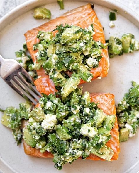 Salmon And Feta Recipes, Salmon And Avocado Recipes, Avocado With Salmon, Salmon Avocado Salsa, Salmon With Avocado And Feta, Feta Salmon, Salmon Avacado, Mediterranean Avocado Salmon Salad, Salmon And Cucumber