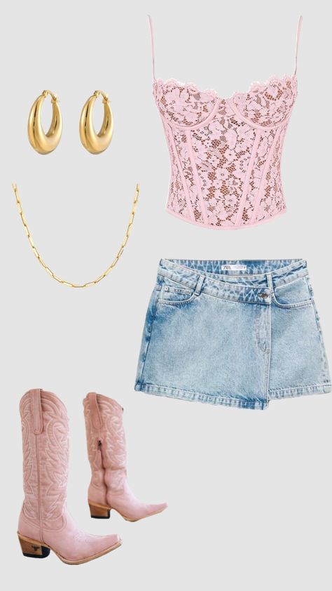 Zach Bryan Concert Outfit Aesthetic, Nashville Outfit Inspo Spring, Zach Bryan Outfit Ideas, Zach Brown Band Concert Outfit, Zach Bryan Concert Fits, Outfits For Zach Bryan Concert, Zara Mini Denim Skirt, Pink Country Concert Outfit, Concert Pink Outfit