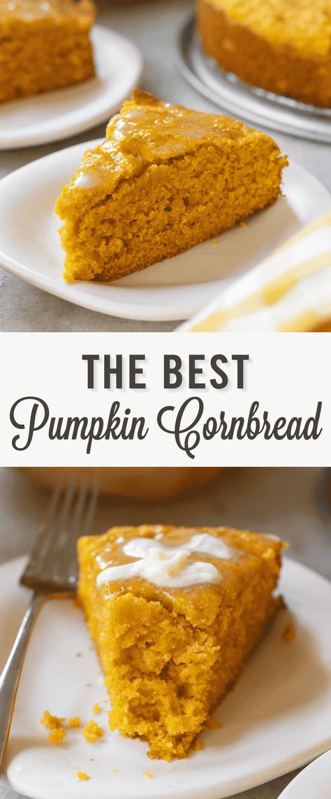 This is a super moist and delicious pumpkin cornbread recipe. It's made with pumpkin purée, seasoned with fall spices, and sweetened with maple syrup. This is an excellent side dish for chili, roast chicken, or even by itself with a cup of warm coffee. It's versatile and so delicious! Vanilla Pumpkin Skillet Cornbread, Pumpkin Spice Cornbread, Pumpkin Maple Cornbread, Recipes With Pureed Pumpkin, Harvest Recipes Fall, Pumpkin Puree Dinner Recipes, Fall Bakery Recipes, Mexican Pumpkin Recipes, Jarrahdale Pumpkin Recipes