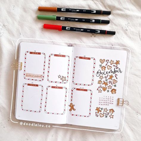 l o u i s e » bullet journal on Instagram: “🍬 My first full weekly spread of December! Everyone's December themes are making me so happy ngl ~ me and my sister went on a drive the…” Christmas Bujo Weekly Spread, December Bullet Journal Spread, December Weekly Spread Bullet Journal, Bullet Journal December Calendar, December Bullet Journal Weekly Spread, Christmas Weekly Spread, December Bullet Journal Weekly, December Bujo, December Themes