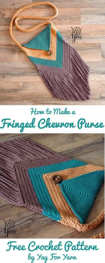 Fringed Chevron Purse - FREE Crochet Pattern - Yay For Yarn Purses Patterns, Chevron Purse, Purse Patterns Free, Crocheted Purse, Crochet Beginners, Tote Crochet, Beau Crochet, Crochet Shell Stitch, Confection Au Crochet