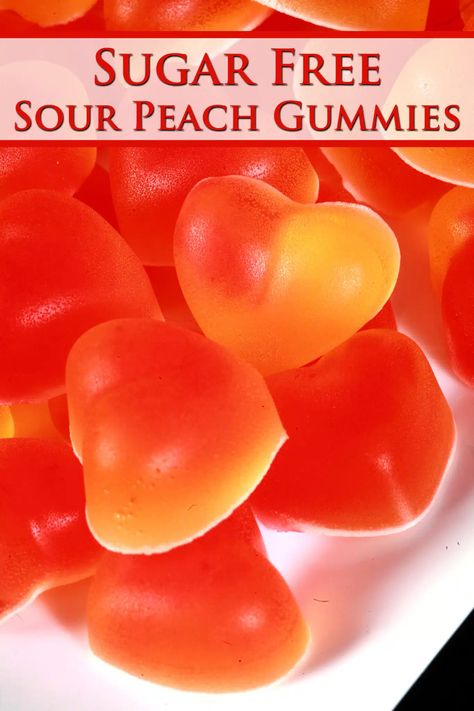 A plate of orange and red heart shaped gummy candy. Overlaid text says sugar free sour peach gummies. Sour Gummies Recipe, Sugar Free Candy Recipes, Peach Gummies, Healthy Candy Recipes, Sour Candy Recipe, Sugar Free Hard Candy, High Protein Keto, Healthy Popsicle Recipes, Healthy Gummies