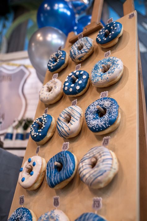 Police Donut Cake, Blue White Birthday Theme, Boys Donut Birthday Party, Police Party Donut Bar, Birthday Donuts Ideas Boy, Boy Donut Birthday Party, Police Party Theme, Birthday Police Theme, Donut Birthday Party Boy