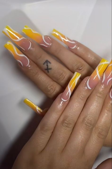 Orange Fire Nails, Yellow Acrylic Nails Coffin, Nude Baddie Nails, Nail Designs For Winter, Winter Acrylic Nails, Nail Art Designs 2023, Acrylic Nails Designs, Summer Nails Ideas, Trendy Nail Designs