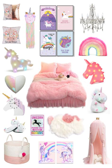 Unicorn Bedroom Decor! #Unicorn #Unicorndecor #kidsbedroomideas Unicorn Room Ideas Bedrooms, Unicorn Decorations Room Decor, Unicorn Wall Decor Girl Rooms, Unicorn Girls Bedroom Room Ideas, Unicorn Toddler Bedroom, Princess Unicorn Bedroom, Unicorn Room Decor Kids Girls Bedroom, Girls Unicorn Bedroom Ideas, Unicorn Bedroom Ideas Kid Rooms