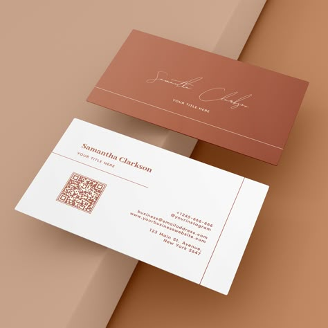 A Minimalist and Simple Terracotta color Lines business card featuring the handwritten script font and small classic clean typography with a QR code. Business Card Design Qr Code, Personal Visiting Card, Minimalistic Business Card Design, Visit Card Design, Business Cards With Qr Code, Qr Business Card, Business Card Qr Code, Business Card With Qr Code, Classic Business Card