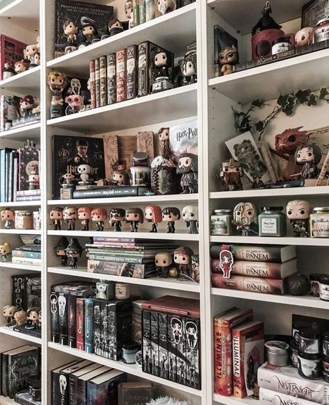 Bookshelf Funko Pop, Fandom Room Ideas, Funko Pop Shelf Aesthetic, Bookshelf Harry Potter, Fantasy Book Shelves, Geek Bookshelf, Funko Bookshelf, Funko Pop Bookshelf, Nerdy Bookshelf