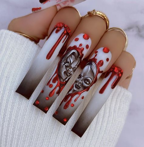 Xxl Nail Ideas, Long Nails Halloween, Chucky Bride, Chucky Halloween, Classy Nail Art Ideas, Funky Nail Designs, Flamingo Nails, Horror Nails, Halloween Nails Diy