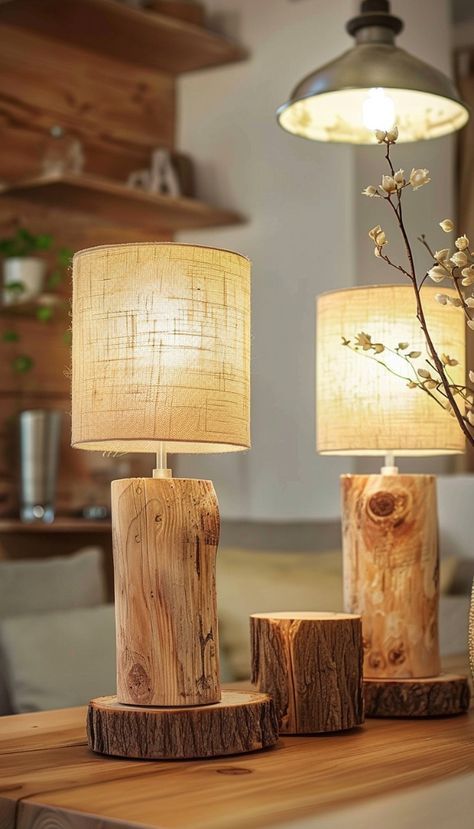 Diy Wooden Lamp Ideas, Wood Lamps Rustic, Diy Bedside Lamp, Wood Lighting Fixtures, Diy Industrial Lighting, Diy Table Lamp, Rustic Log Furniture, Wood Lamp Design, Wood Lighting