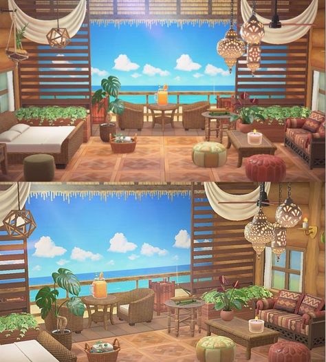 Animal Crossing Hawaiian Design, Acnh Layout, Acnh Idea, Acnh Hhp, Hawaiian House, Acnh House, Cottagecore Animal Crossing, Small Beach Houses, Tropical Interiors